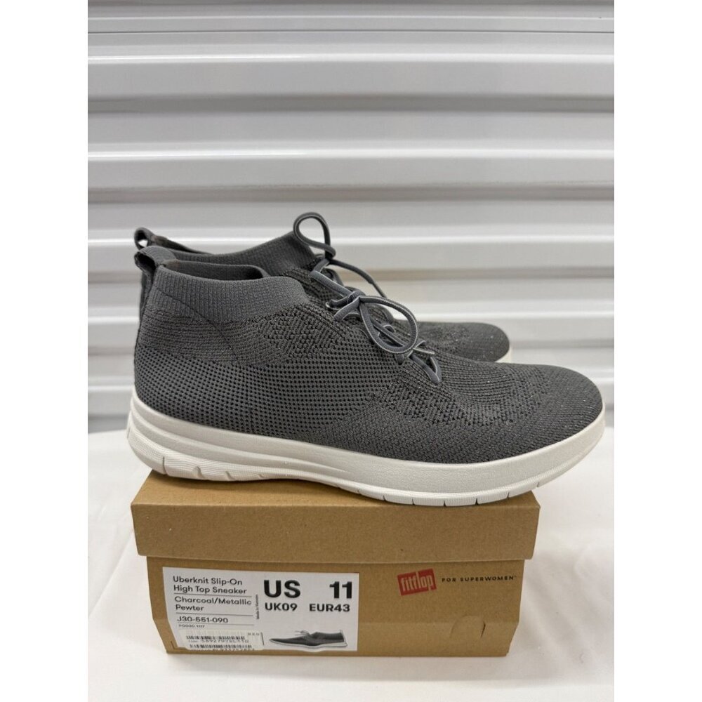 NEW FitFlop Uberknit Slip-On High Top Sneaker Charcoal Gray Metallic Pewter 11